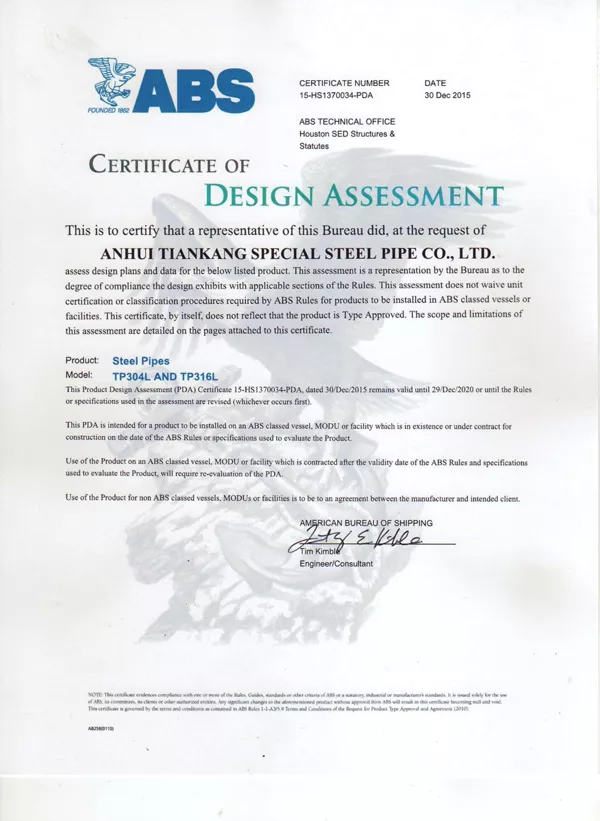 American Classification Society Product Design Certification for Seamless Steel Pipe