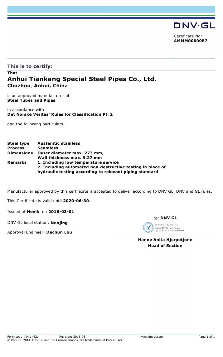 Norway Classification Society Certification for Seamless Steel Pipe