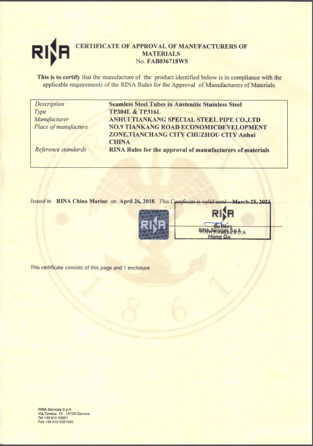 RINA Certification for Seamless Steel Pipe Products